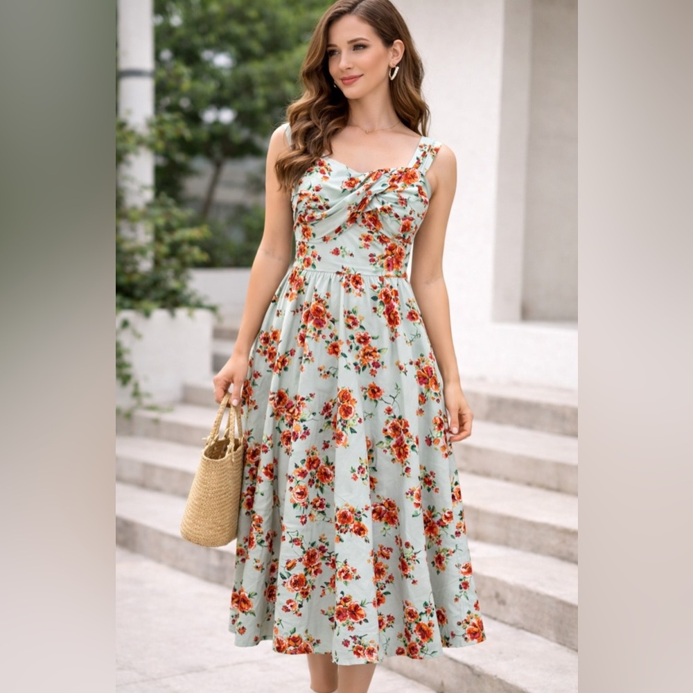 Stop Staring Retro Floral Dress XS Fit & Flare Rockabilly Mint Blue